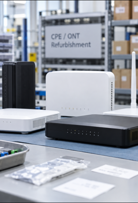 Telecom CPE, ONT and GPON equipment prepared for inspection